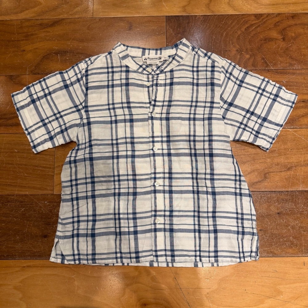 Bonpoint Boys Blue & White Plaid Linen Blend Short Sleeve Shirt - Size 8A